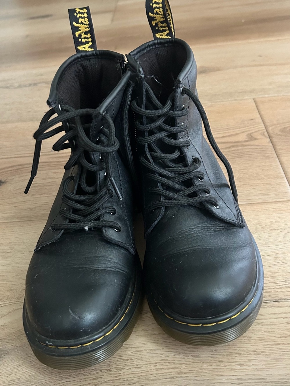 Dr. Martens Black Leather Lace-Up Boots with Yellow Stitching